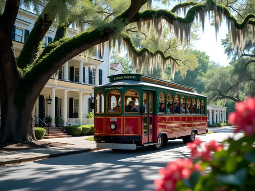 Vintage-style trolley tour through historic Summerville streets lined with azaleas and oak trees