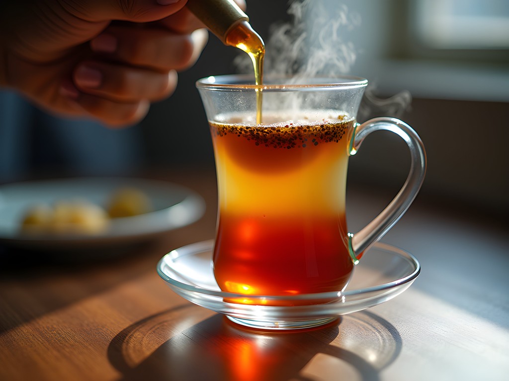Close-up of seven-layer tea being prepared in Sylhet with distinct colored layers visible in glass