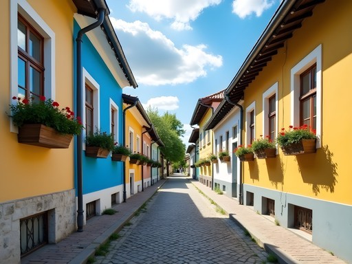 Traditional houses with spring flowers in Szeged's Alsóváros neighborhood