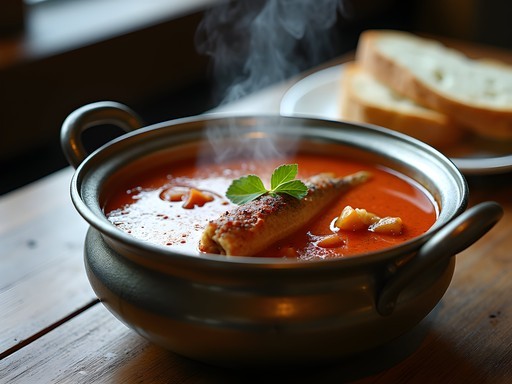 Traditional Szeged-style fish soup served in a cauldron at a local restaurant