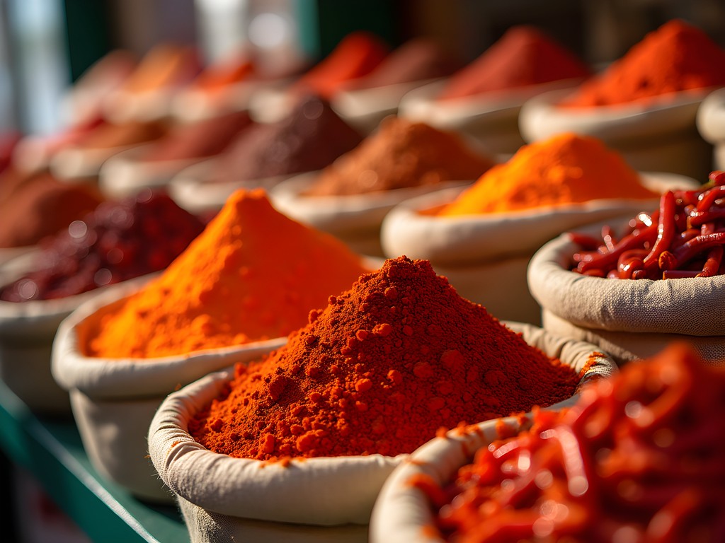 Colorful display of Szeged paprika varieties at the central market
