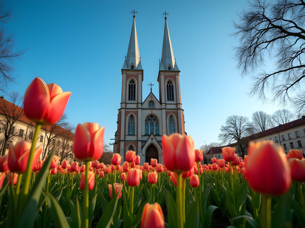 Votive Church in Szeged with spring flowers blooming in foreground