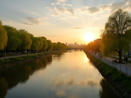 Sunset view of Tisza River from Szeged's Old Bridge with spring foliage