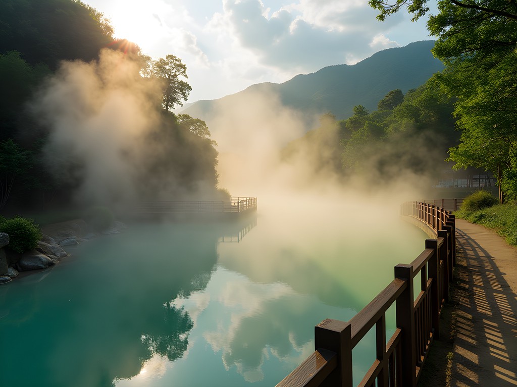 Steam rising from Thermal Valley hot springs in Beitou, Taipei with traditional architecture in background