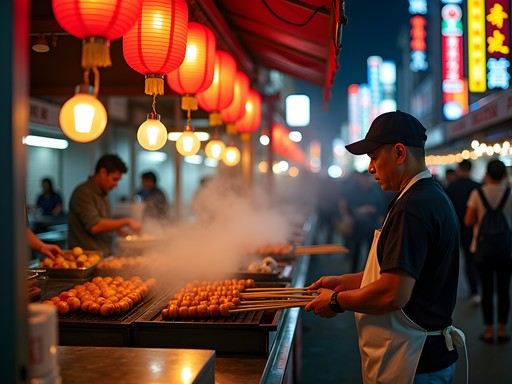 Colorful food stalls at Raohe Night Market in Taipei with vendors grilling street food