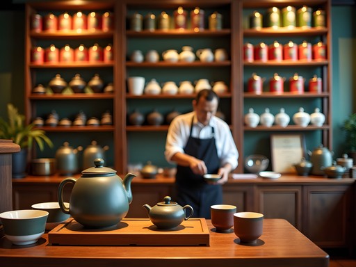 Traditional tea shop on Yongkang Street in Taipei with shelves of oolong tea and ceramic teapots