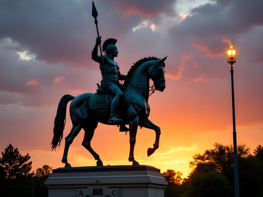 FSU's Unconquered statue with flaming spear at sunset in Tallahassee