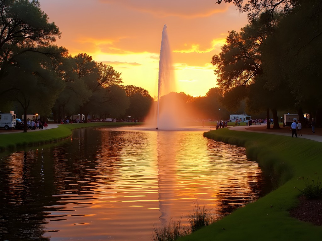 Sunset over Lake Ella in Tallahassee with families enjoying the evening
