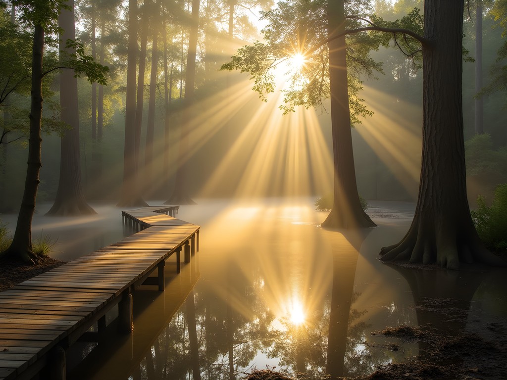 Morning mist rising over cypress swamps at Tallahassee Museum