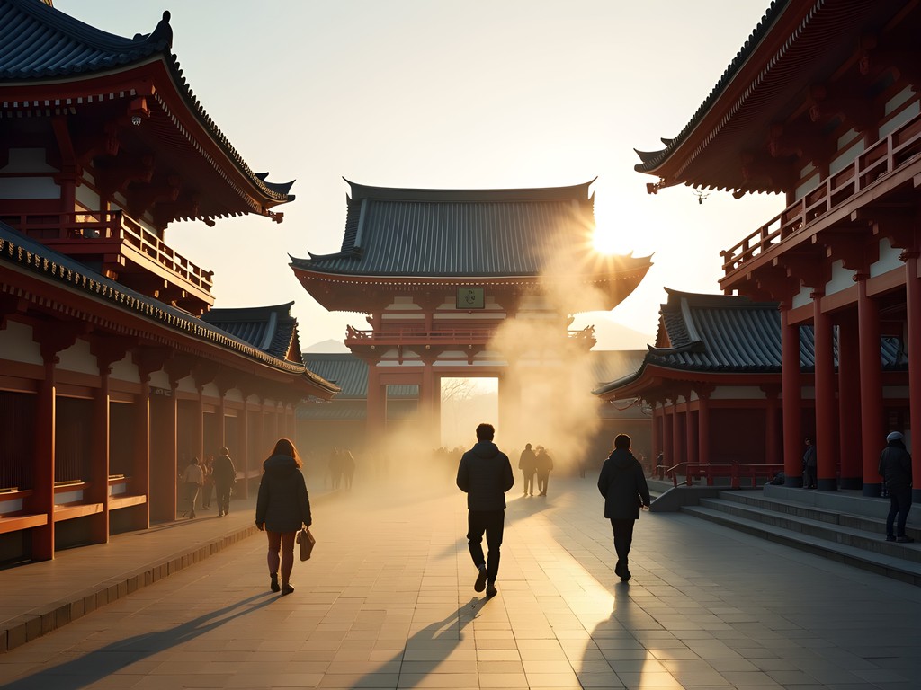 Sensō-ji Temple in early morning light with few visitors and incense smoke