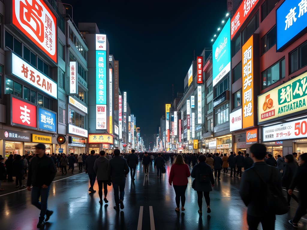 Vibrant neon streets of Shinjuku at night with crowds of people