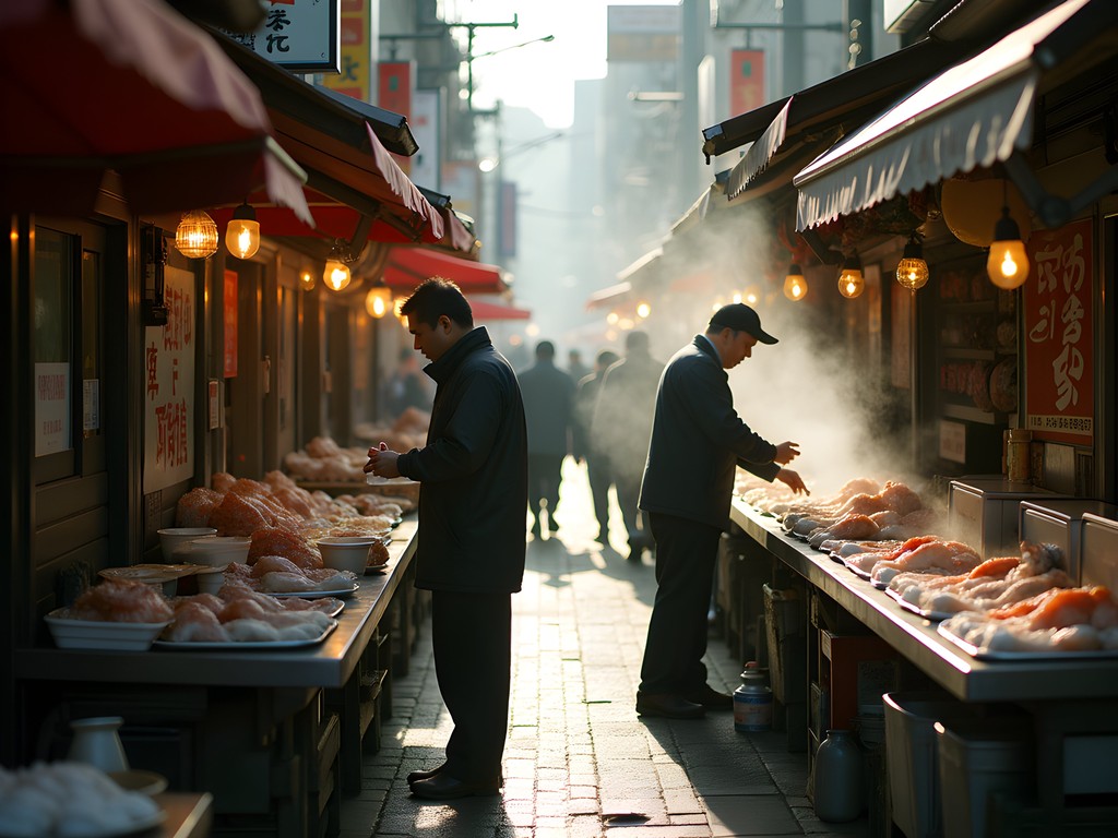 Early morning activity at Tsukiji Outer Market with vendors preparing fresh seafood