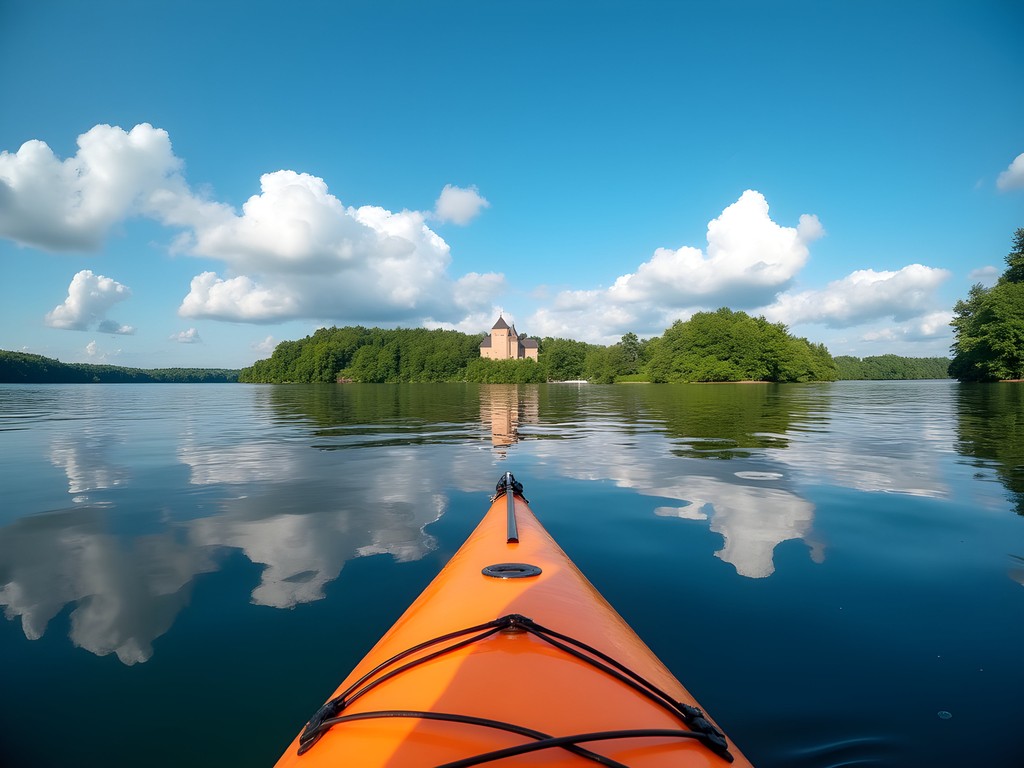 Kayakers paddling on Lake Galvė with Trakai Island Castle in background Lithuania