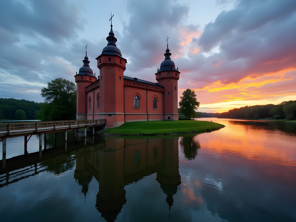 Trakai Island Castle at sunset reflecting in Lake Galvė waters in Lithuania
