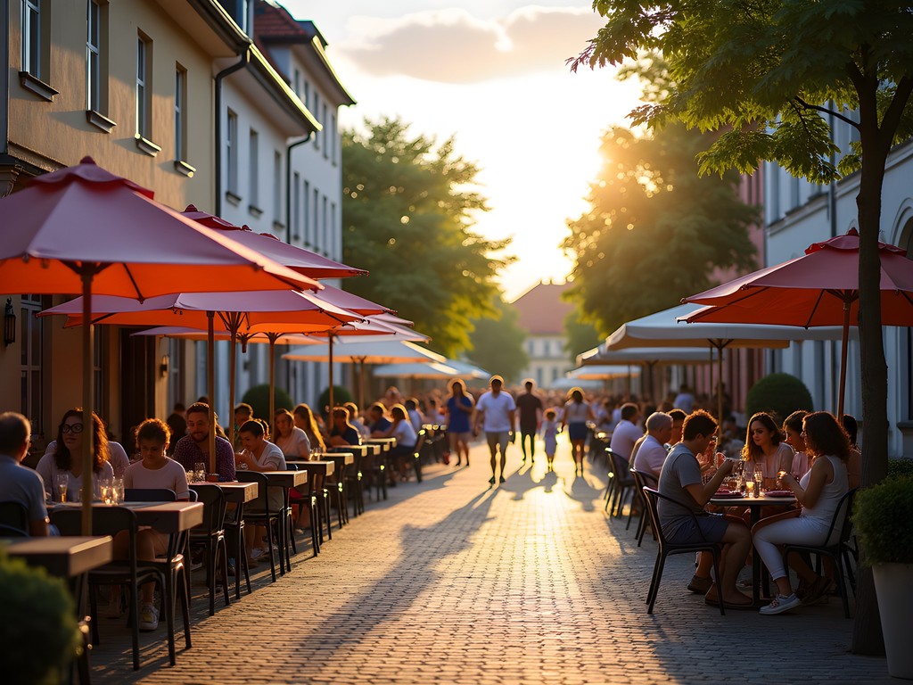 Trakai town center with outdoor cafes and visitors during summer evening in Lithuania