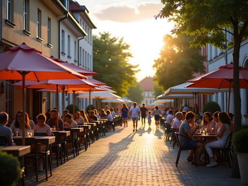 Trakai town center with outdoor cafes and visitors during summer evening in Lithuania