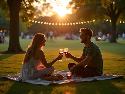 Romantic sunset at Fairpark in downtown Tupelo with couples enjoying picnics