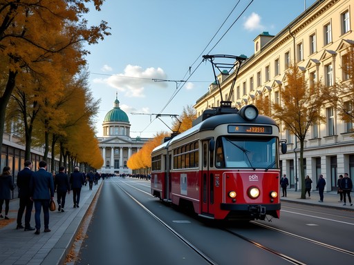 Historic tram on Vienna's Ringstrasse with fall foliage and imperial architecture