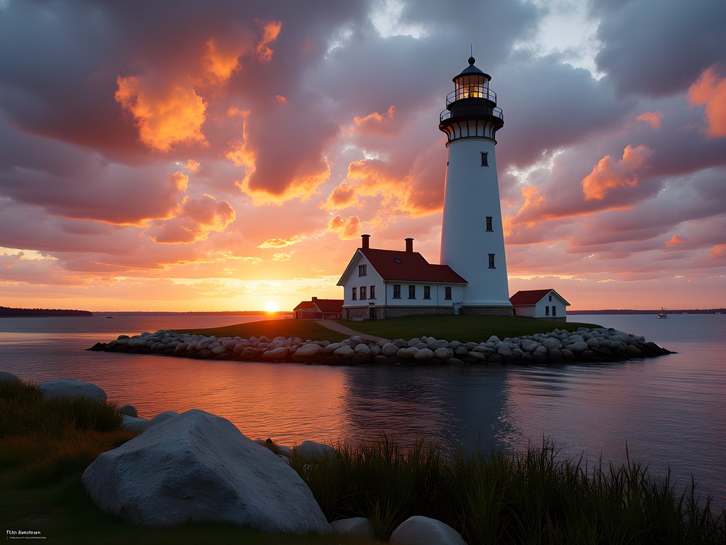 Conimicut Lighthouse at sunrise with dramatic sky over Narragansett Bay