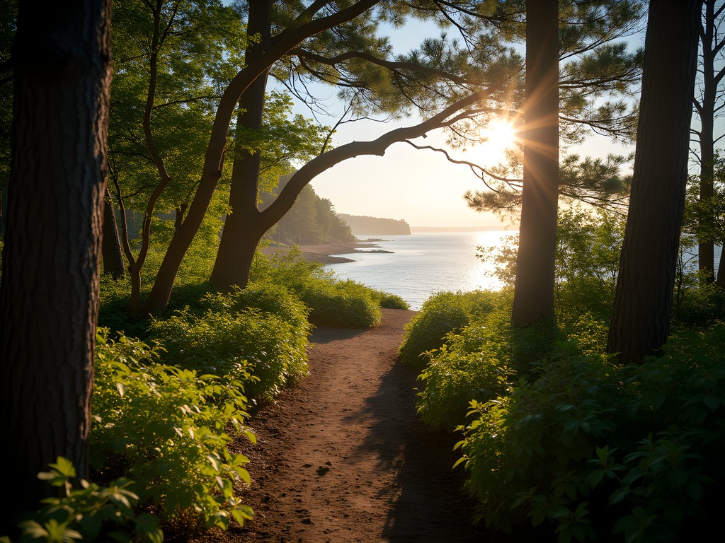 Forested coastal trail at Goddard Memorial State Park with Narragansett Bay views