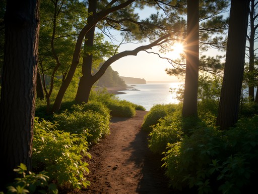 Forested coastal trail at Goddard Memorial State Park with Narragansett Bay views