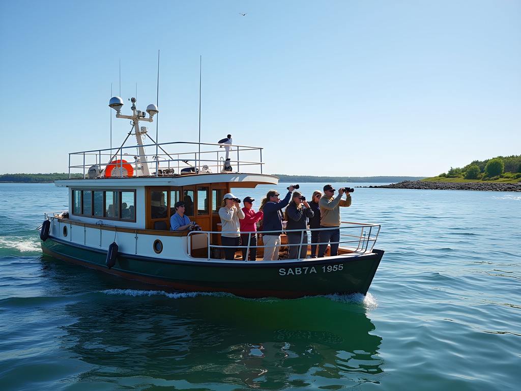 Wildlife eco-tour boat exploring Narragansett Bay with seabirds and coastline