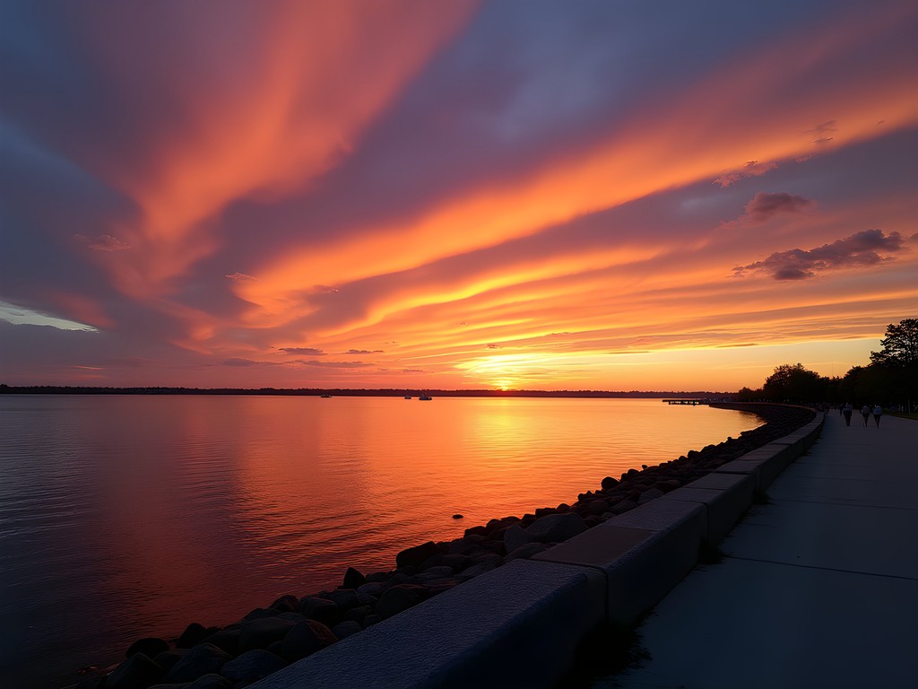 Dramatic sunset over Narragansett Bay from Oakland Beach seawall with silhouettes of people walking