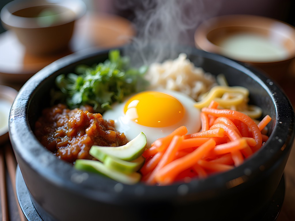 Authentic sizzling bibimbap in stone bowl at Myung Ga Korean restaurant