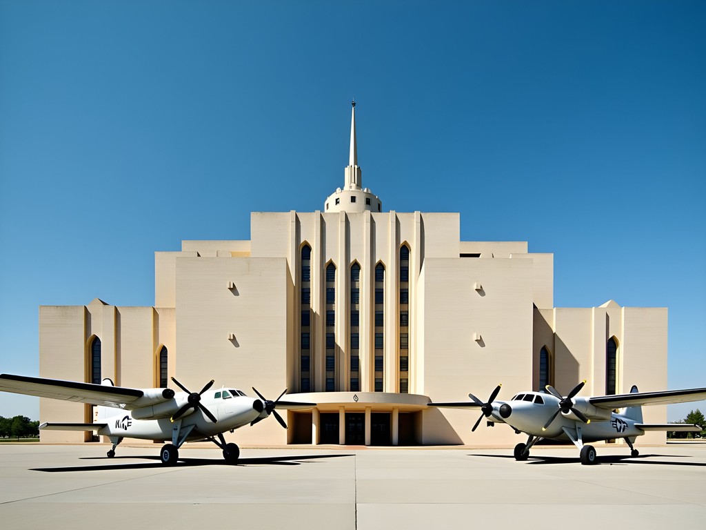 Kansas Aviation Museum art deco terminal building exterior with vintage aircraft