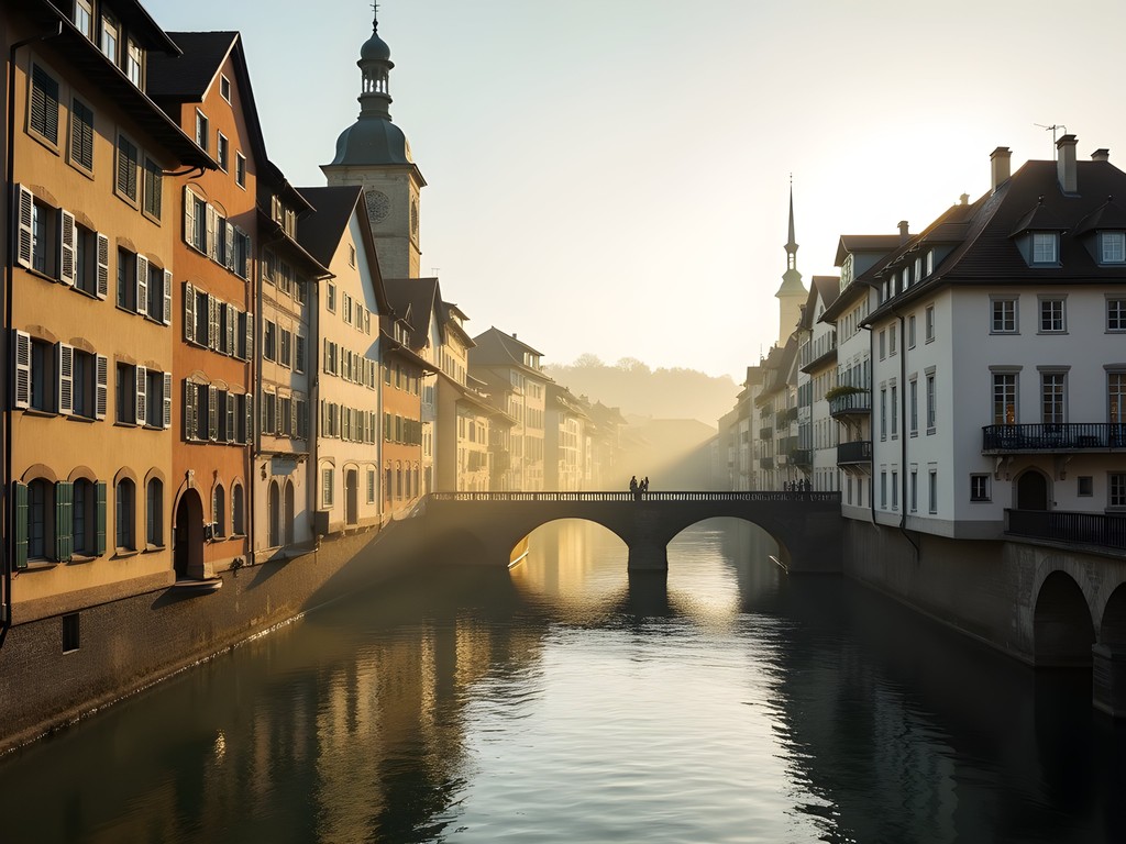 Geometric patterns in Zurich Old Town architecture with morning light