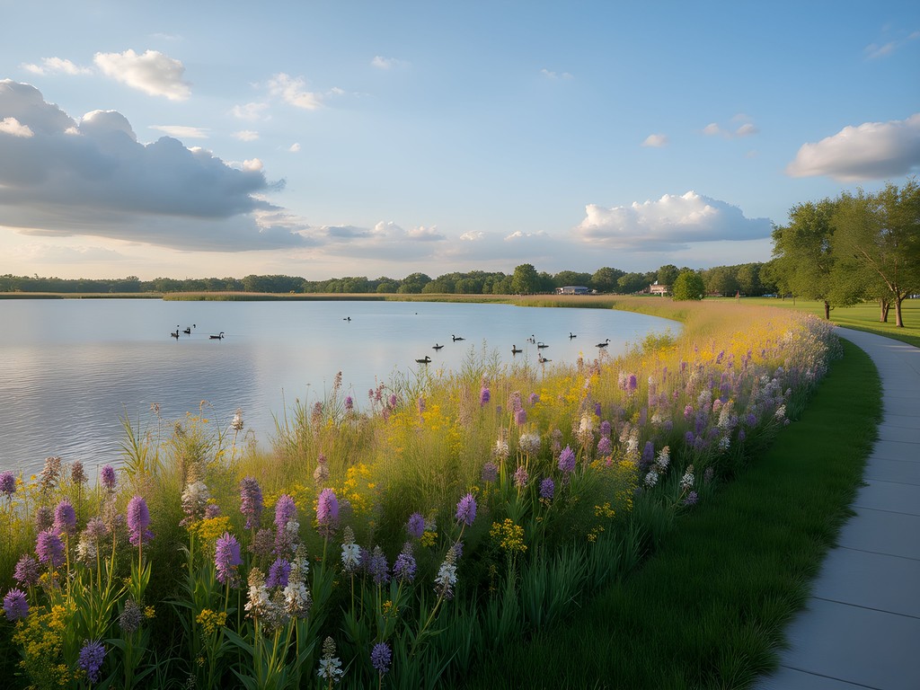 Ada Hayden Heritage Park lake with prairie wildflowers and walking trail in Ames Iowa