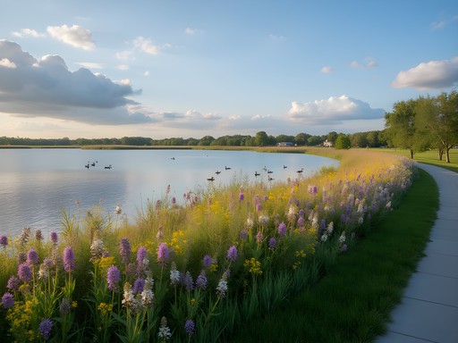 Ada Hayden Heritage Park lake with prairie wildflowers and walking trail in Ames Iowa