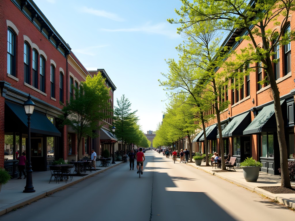 Historic downtown Ames Iowa main street with brick buildings and local shops