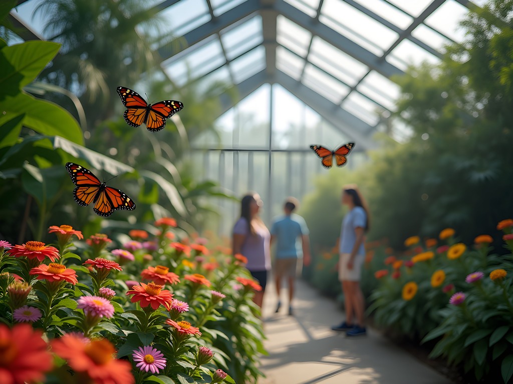 Colorful butterflies flying in greenhouse conservatory at Reiman Gardens Ames Iowa