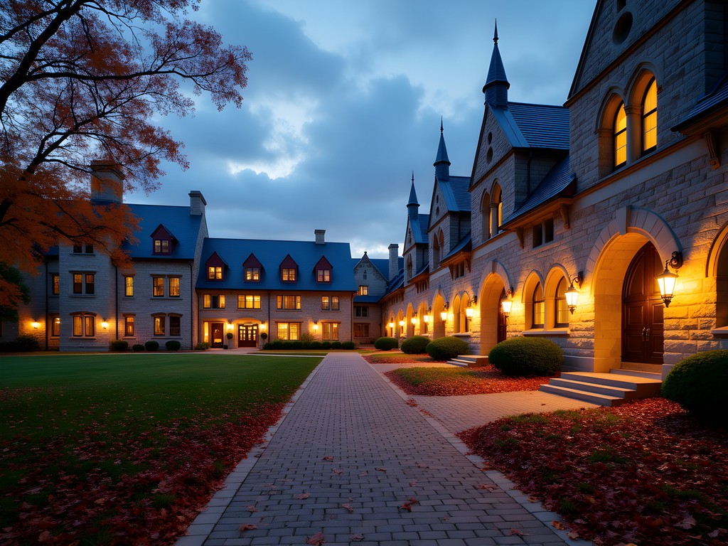 Gothic architecture of University of Michigan Law Quadrangle in autumn at dusk