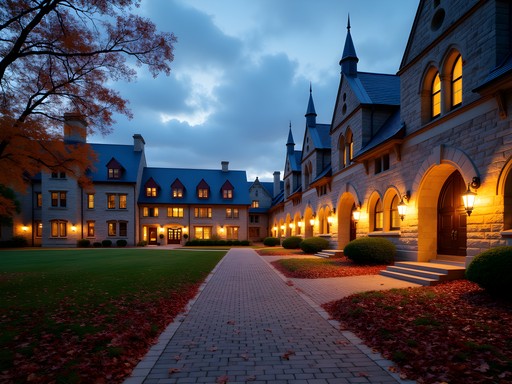 Gothic architecture of University of Michigan Law Quadrangle in autumn at dusk