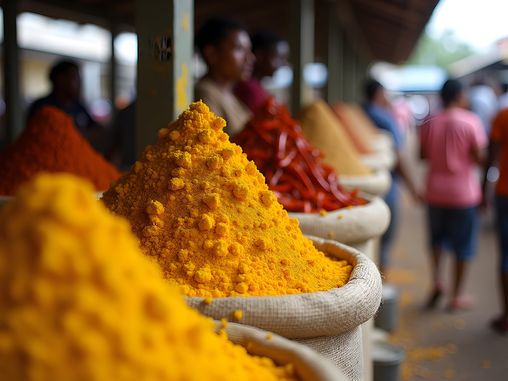 Colorful spice stalls at Anna Regina Market in Guyana