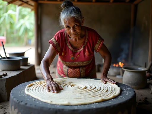 Indigenous Arawak woman demonstrating traditional cassava bread preparation in Guyana