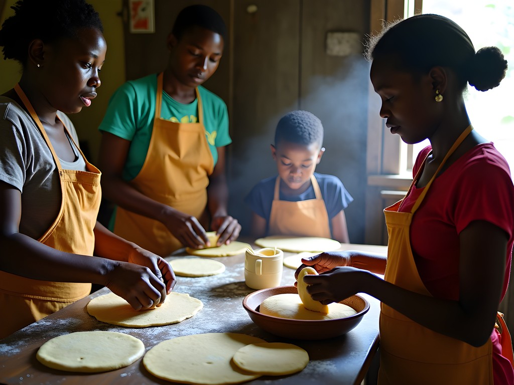 Family participating in a Guyanese cooking class in Anna Regina