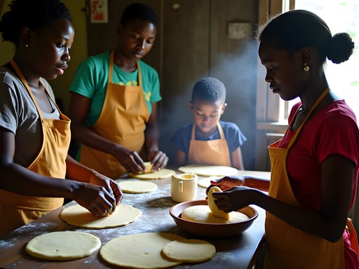 Family participating in a Guyanese cooking class in Anna Regina