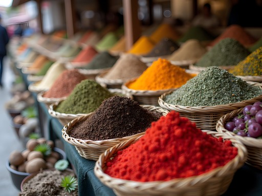 Traditional medicinal herbs display at Mercado San Camilo in Arequipa with herbalist explaining properties