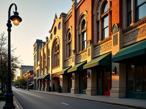 Art Deco architectural details in downtown Asheville with evening light