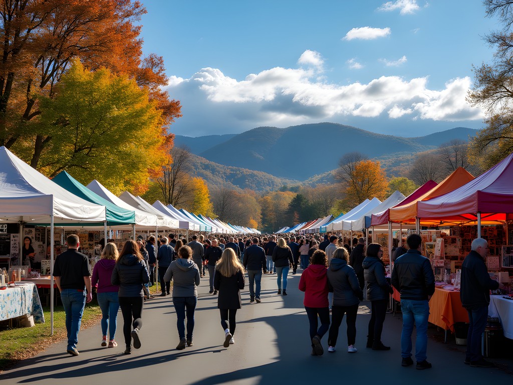 Colorful outdoor arts festival in Asheville with Blue Ridge Mountains in background