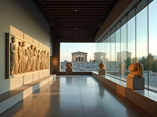 Interior of the Acropolis Museum's Parthenon Gallery with ancient friezes and the Acropolis visible through glass walls