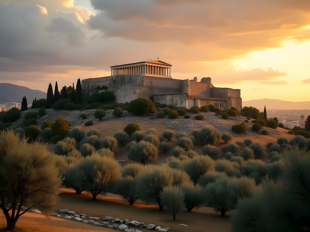 Temple of Hephaestus overlooking the Ancient Agora in Athens with olive trees in foreground