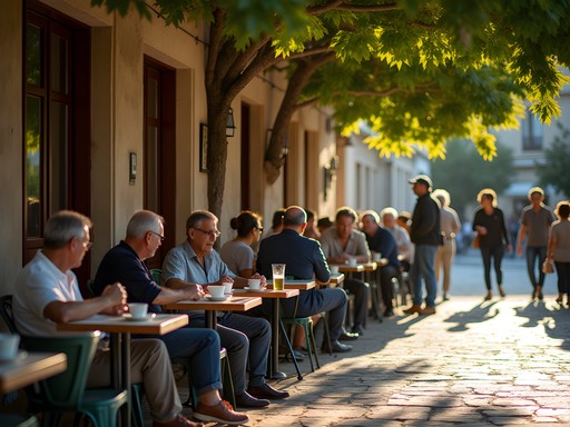 Authentic neighborhood café in Athens with locals enjoying coffee and conversation under plane trees