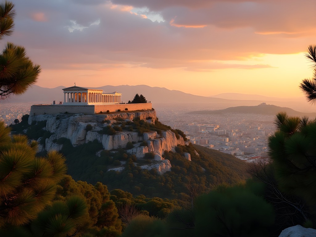 Sunset view of the illuminated Acropolis from Philopappos Hill in Athens