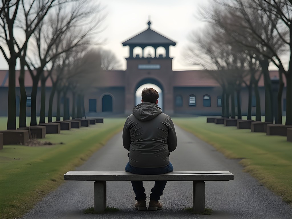 Visitor taking a quiet moment of reflection at Auschwitz Memorial