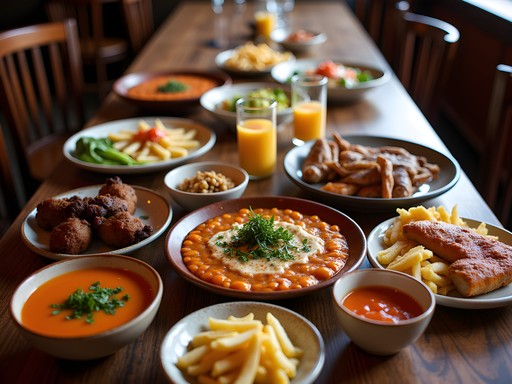 Traditional family-style Basque dining with multiple dishes on long communal tables