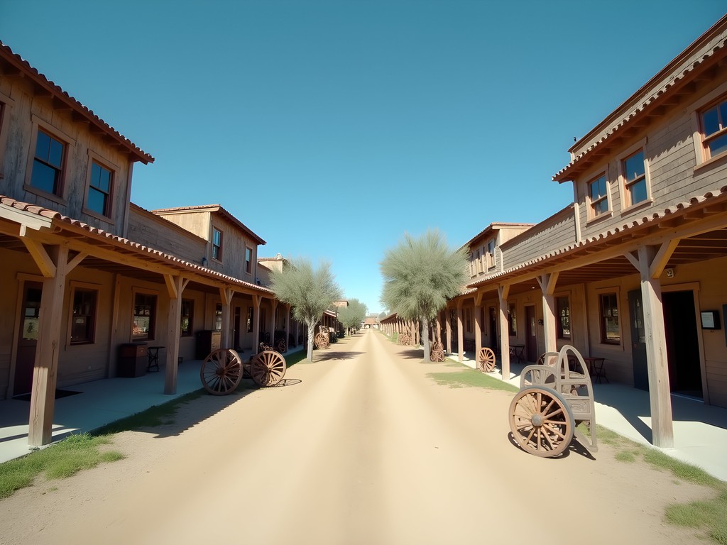 Historic wooden buildings and dirt paths at Kern County Museum Pioneer Village